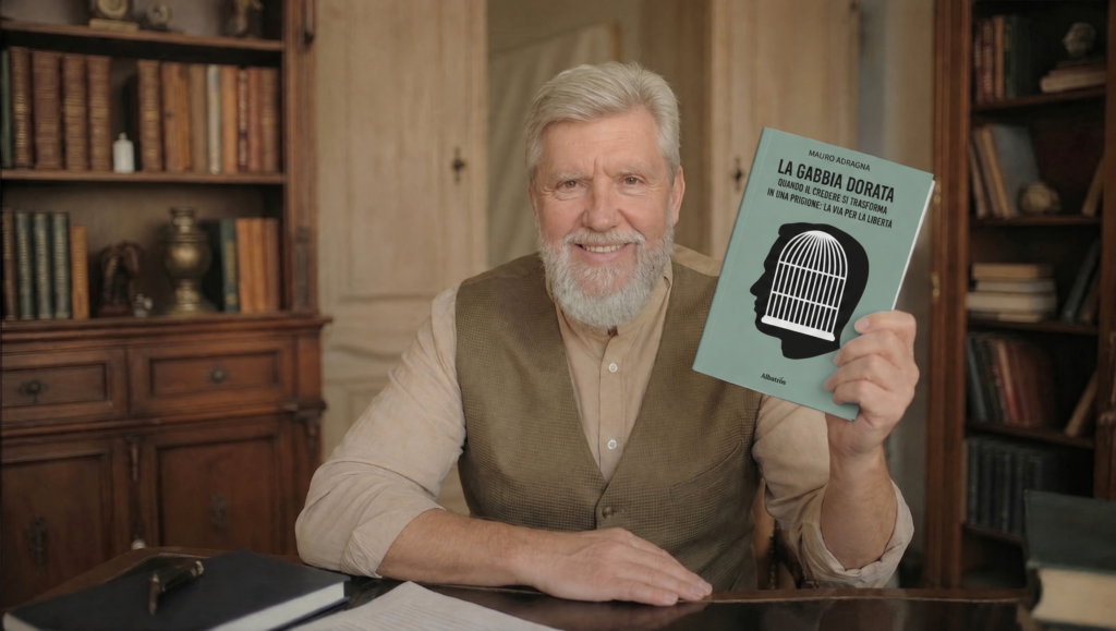 Mauro Adragna con in mano il libro La gabbia dorata